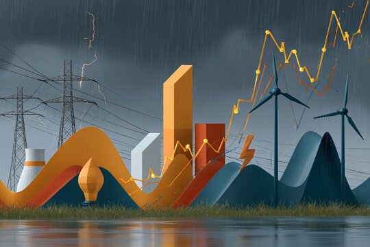 Energy production and market trends illustrated with wind turbines and power lines during rain