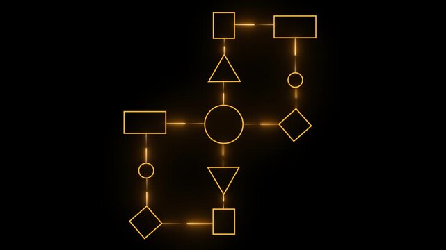 Business process and workflow automation with flowchart. Business and technology concept. Visualizes step-by-step progression through a procedure or system on black background. 4k motion video.