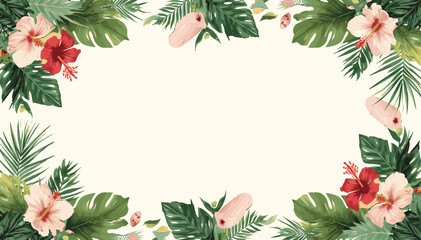 A vibrant tropical floral border featuring hibiscus flowers and lush green monstera leaves on a cream background. © blu