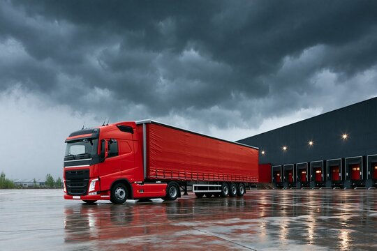 Dark clouds gather over a red truck parked at a warehouse loading dock in an industrial area during rainy weather
