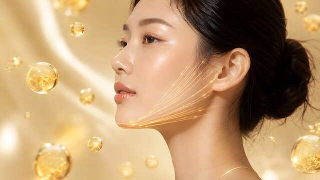 Beautiful Asian woman with golden thread lift lines for skin rejuvenation