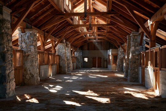 Bright barn interior with wooden beams and stone walls in rural area during daytime