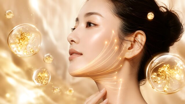 Beautiful Asian woman with gold thread lifting effect on jawline and neck