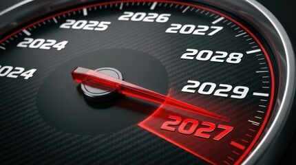 Fototapeta premium Close up speed dial indicating year 2027 with red indicator light.
