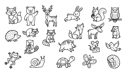 Cute Woodland Animal Outline Collection Featuring Bear Fox Rabbit Owl Hedgehog Turtle Butterfly and Snail Illustrations © Madhobe