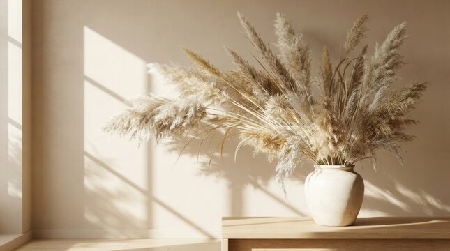 Sunlight casting shadows on the wall creates Parisian vibes in this aesthetic background with beautiful shades of neutral pampas grass and reeds.