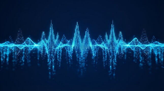 Digital blue audio waveform visualization with glowing particles, sound wave frequency graph, data processing, music equalizer, tech background