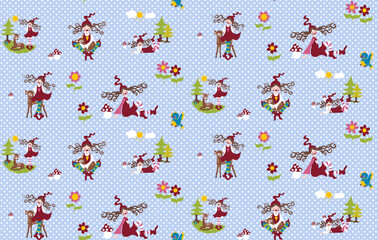 Repeating pattern of red reindeer and green trees on light blue winter fabric background © Wolfworker