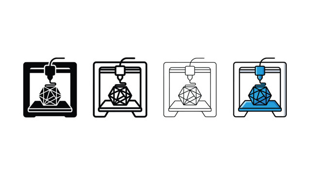 Four 3d printer icons in different styles showing the printing process on a white background