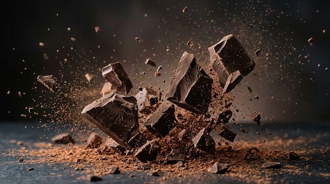 Chocolate bar falling onto a gradient surface in a close-up view.