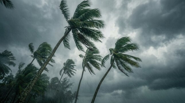Strong winds blowing coconut palm trees during a tropical storm under an overcast sky.