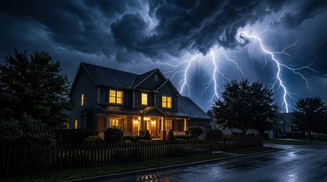 A house in the suburbs during an intense lightning storm.