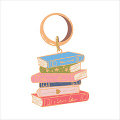 Obraz premium Vector illustration of a keychain shaped like a stack of books. Reading theme, stack of novels. Book-themed accessory. Study and education-themed design. Flat-style clipart (isolated object).