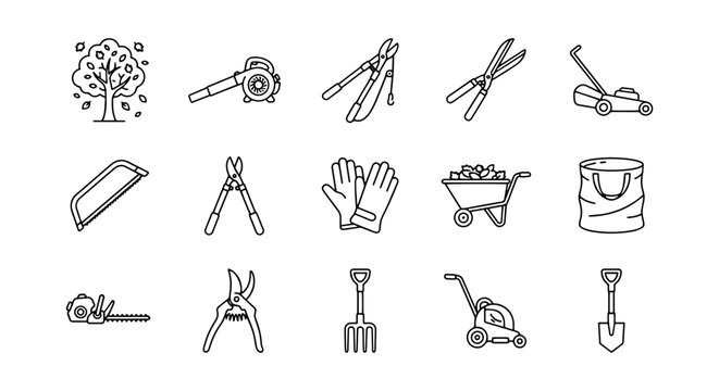 Gardening Tools Vector Icons Set, Outdoor Maintenance Equipment Collection, Lawn Care Supplies