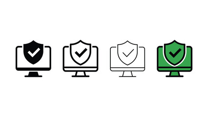 Four variations of computer security icons with checkmarks in black outline and filled green style on a white background © Shafia