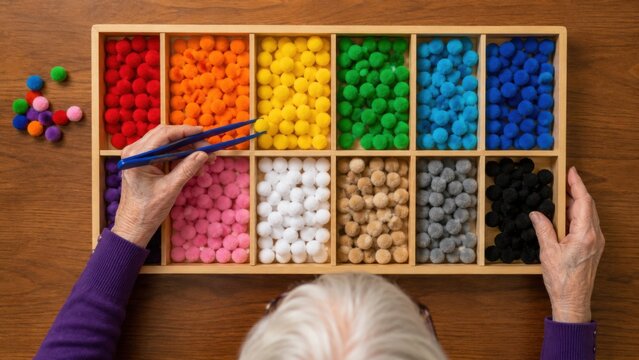 Senior person sorting colorful pom-poms into wooden tray