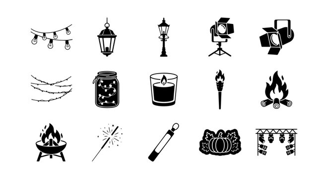Illumination Icons: String Lights, Lanterns, Lamps, Spotlights, Fire, Candles, Sparklers