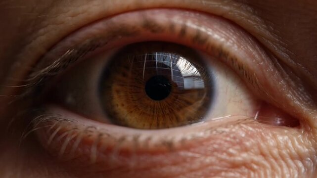 Extreme Close Up of Human Eye Showing Iris Detail and Pupil Dilation.