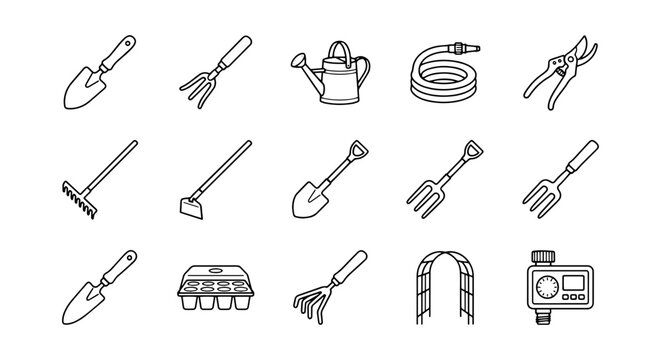 Gardening Tools Icons, Vector Set: Trowel, Fork, Watering Can, Hose, Pruners, Rake, Hoe, Egg Carton, Arch, Timer