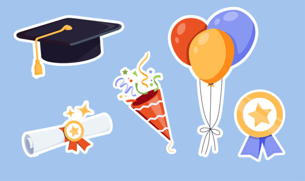 Cute graduation sticker collection featuring diploma, graduation cap and academic symbols. Perfect for back to school
