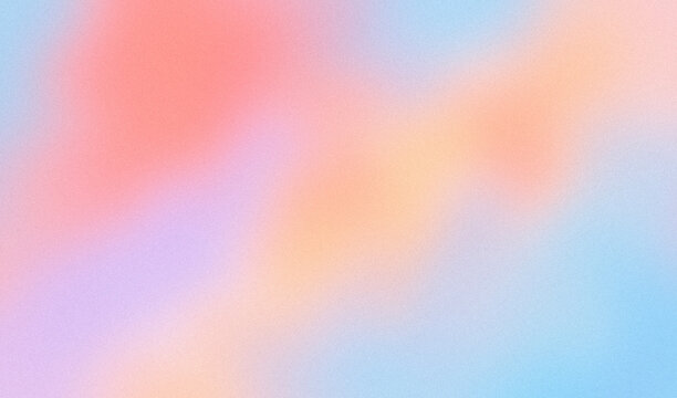 Abstract bright pastel gradient background with fluid coral pink clouds soft sky blue accents and retro grainy noise texture