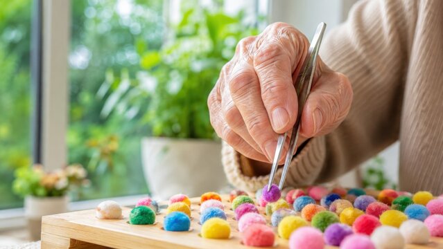 Senior hand using tweezers for cognitive exercise with pom-poms