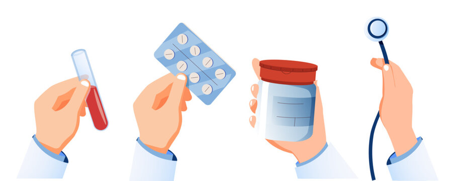 Medical supplies held in hands on a blue background symbolizing healthcare, treatment, prevention and patient support