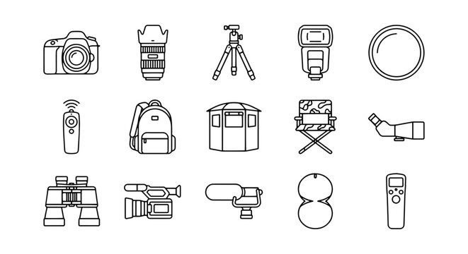 Photography and Videography Gear Icons Set, Digital Camera, Lens, Tripod, Flash, Remote, Binoculars, Camcorder, Accessories Collection
