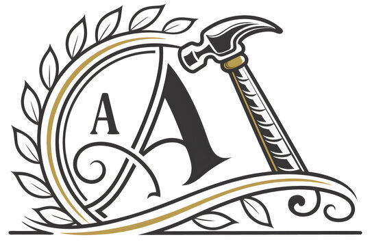 Letter a initial with hammer and laurel wreath for construction or building industry logo.