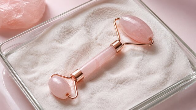 Rose quartz facial roller on bed of white pearl powder