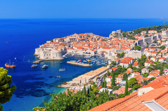 Dubrovnik, Croatia. A panoramic view of the walled town and Dubrovnik city port.