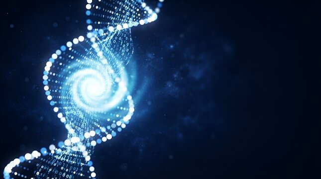 Digital dna double helix structure made of glowing blue binary code numbers and dots on a dark background, for genetic research concepts