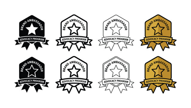 Collection of brand ambassador badges with star and ribbon elements on a white background for marketing concepts