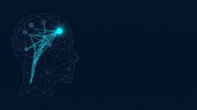 Digital human head with glowing neural network connection on dark blue background
