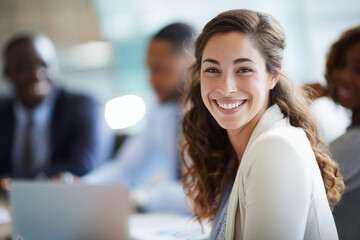 Fototapeta premium Portrait of happy confident young very attractive businesswoman CEO manager in a skirt in a business meeting looking at camera