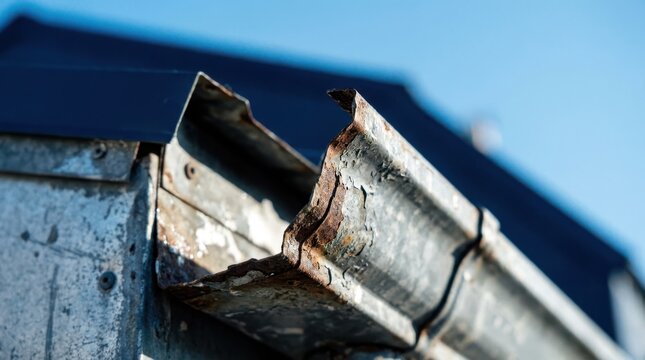 Old rusty metal gutter on a building edge against blue sky.