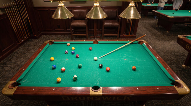 Billiards game in a classic pool hall with players