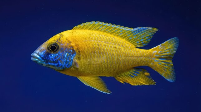 Vibrant yellow peacock cichlid fish swimming against dark blue background with detailed scales and bright aquatic colors