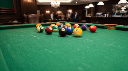 Billiard Balls on Green Pool Table in Upscale Club Lounge © Arqam
