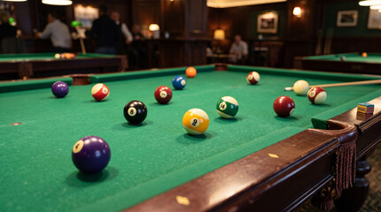 Billiard Balls and Cue Stick on a Green Felt Pool Table © Arqam