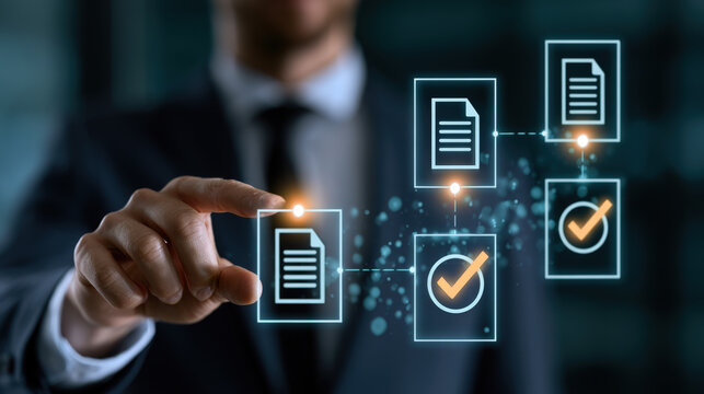 Businessman Managing Digital Document Workflow with Glowing Checkmark Icons