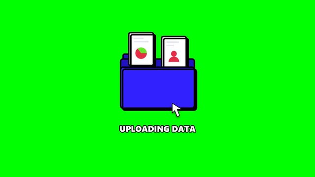 Uploading data animation with folder icon and cursor on green screen