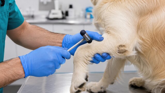 Veterinarian performing neurological reflex test on dog