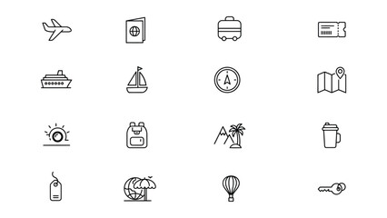 Collection of minimalist travel and vacation icons with transparent backgrounds for various transportation and adventure themes © Dabu