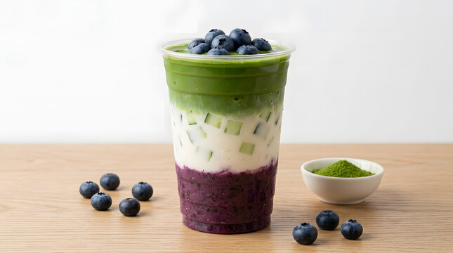Layered Matcha Blueberry Drink in Plastic Cup with Fresh Blueberries and Matcha Powder