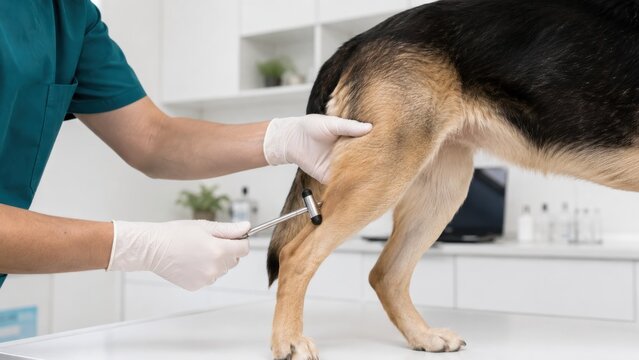 Vet testing dog's reflexes with hammer in clinic