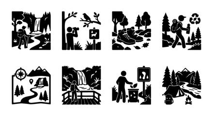 Fototapeta premium Outdoor Adventure Icons: Hiking, Camping, Nature Photography, Recycling Vector Set