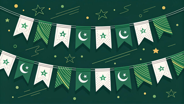 Garland Flags with Dark green Background Banner, Hanging Bunting Flags for Pakistan independence day celebration. Vector illustration
