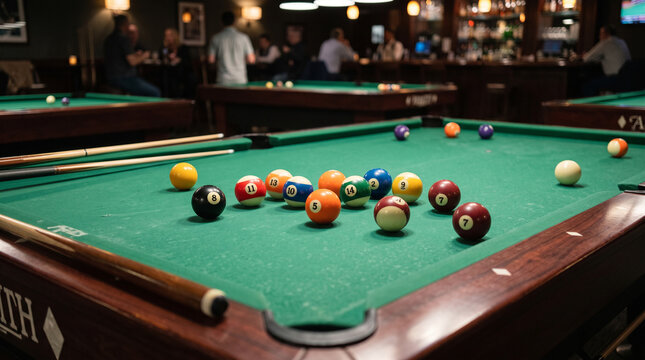 Billiard Balls and Cues on Green Pool Table in a Bar