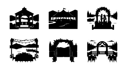 Obraz premium Wedding Ceremony Arches and Tents, Silhouette Vector Icons for Celebrations